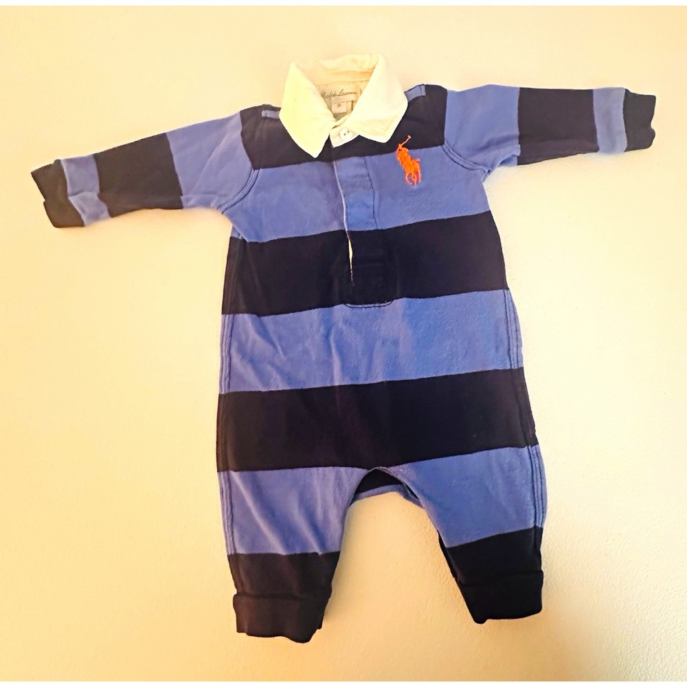 Ralph Lauren Baby One-Piece Coverall 0-3M Blue Navy Stripe Collared LS